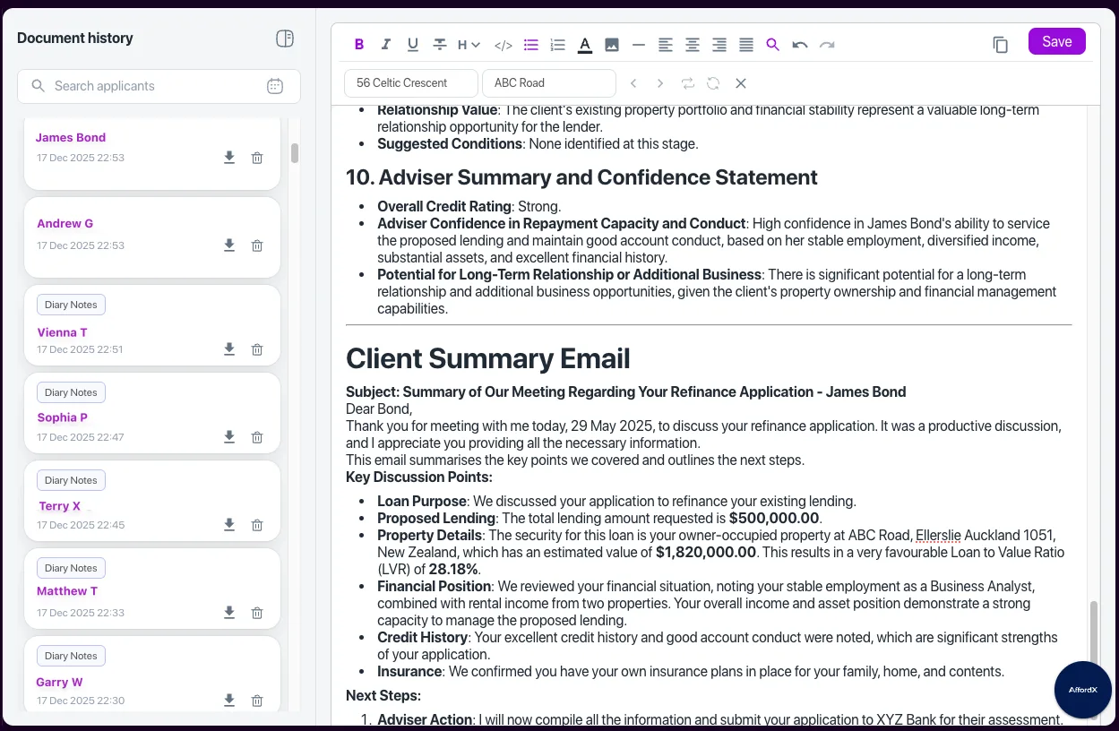 Document Writer — screenshot of the AffordX feature