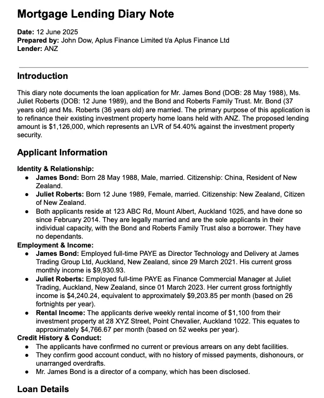 A structured mortgage lending diary note generated automatically by AffordX